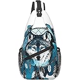 Krirteh Native Wolf And Deam Catcher Sling Bag For Women Men Fashion Wolf Print Backpack Crossbody Shoulder Bag Sling Backpack Chest Bag Travel Hiking Casual Sport Daypack