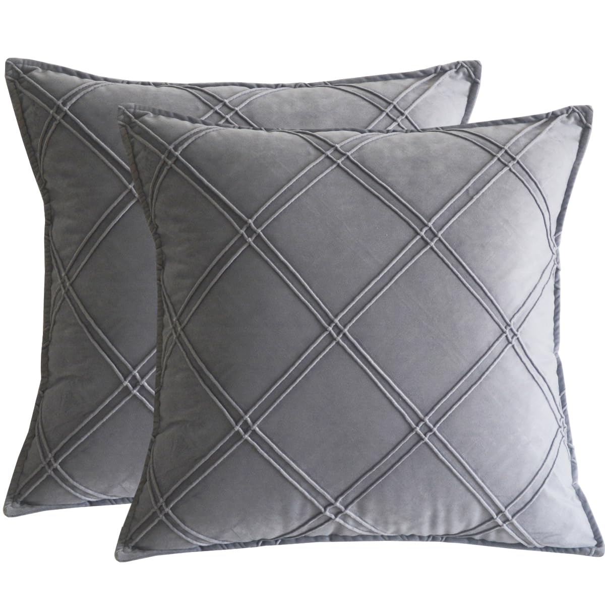 Lutanky Light Grey Velvet Cushion Covers Decorative Square Throw Pillow Covers Checked Design Elegant Pillowcases for Sofa Bed Living Room 18x18inch 45x45cm Set of 2
