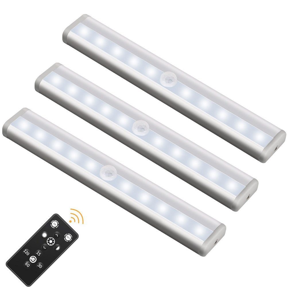 3 Pack Remote Control Under Cabinet Lighting,LUXACURY Wireless Led Strip Lights Closet Lights, Dimmable Stair Night Lights Battery Operated for Kitchen/Wardrobe/Drawer/Cupboard/Party,10 LED