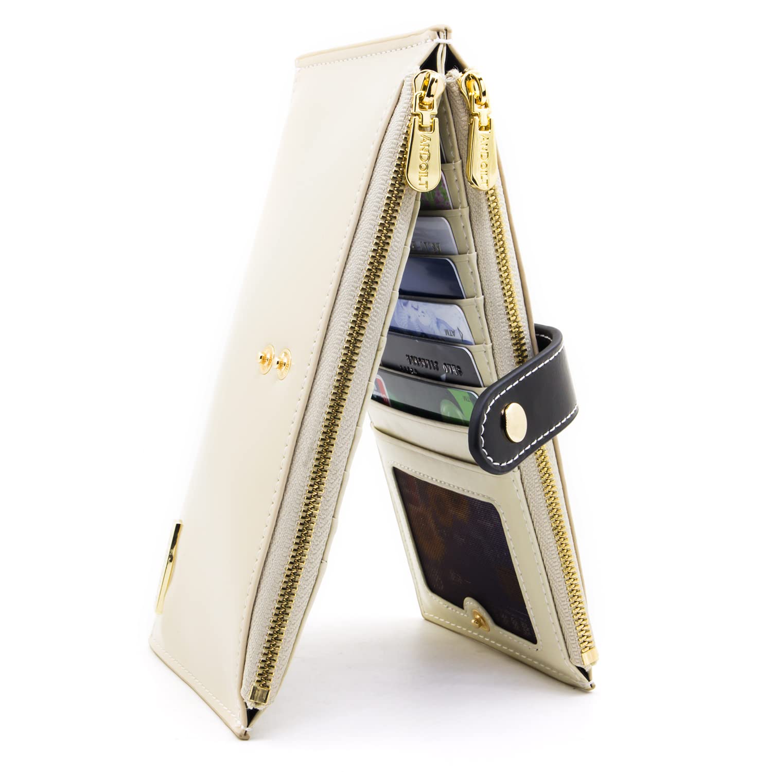 ANDOILT Women's Genuine Leather Wallet RFID Blocking Credit Card Holder Zipper Purse Cell Phone Handbag Creamy White