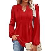 MIHOLL Women's V Neck Puff Long Sleeve T Shirts Pleated Casual Loose Tunic Blouse