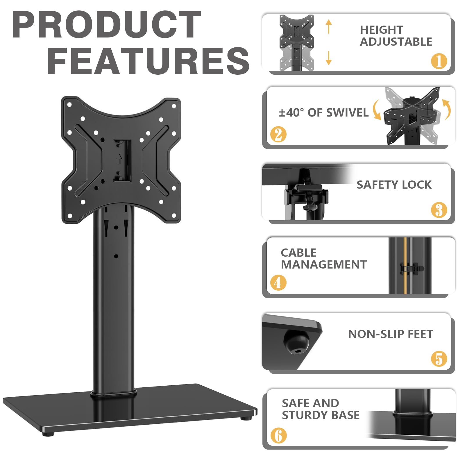 TVON Universal TV Stand Base, Swivel Table Top TV Stand for 20-43 inch TVs/Monitors with 4 Level Height Adjustment and Tempered Glass Base, Holds up to 88 Lbs, VESA 200x200mm