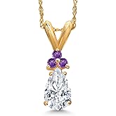 Gem Stone King 14K Yellow Gold White Moissanite and Simulated Purple Amethyst Pendant Necklace for Women | 0.73 Cttw | Gemstone Birthstone | Pear Shape 7X5MM | With 18 Inch Chain