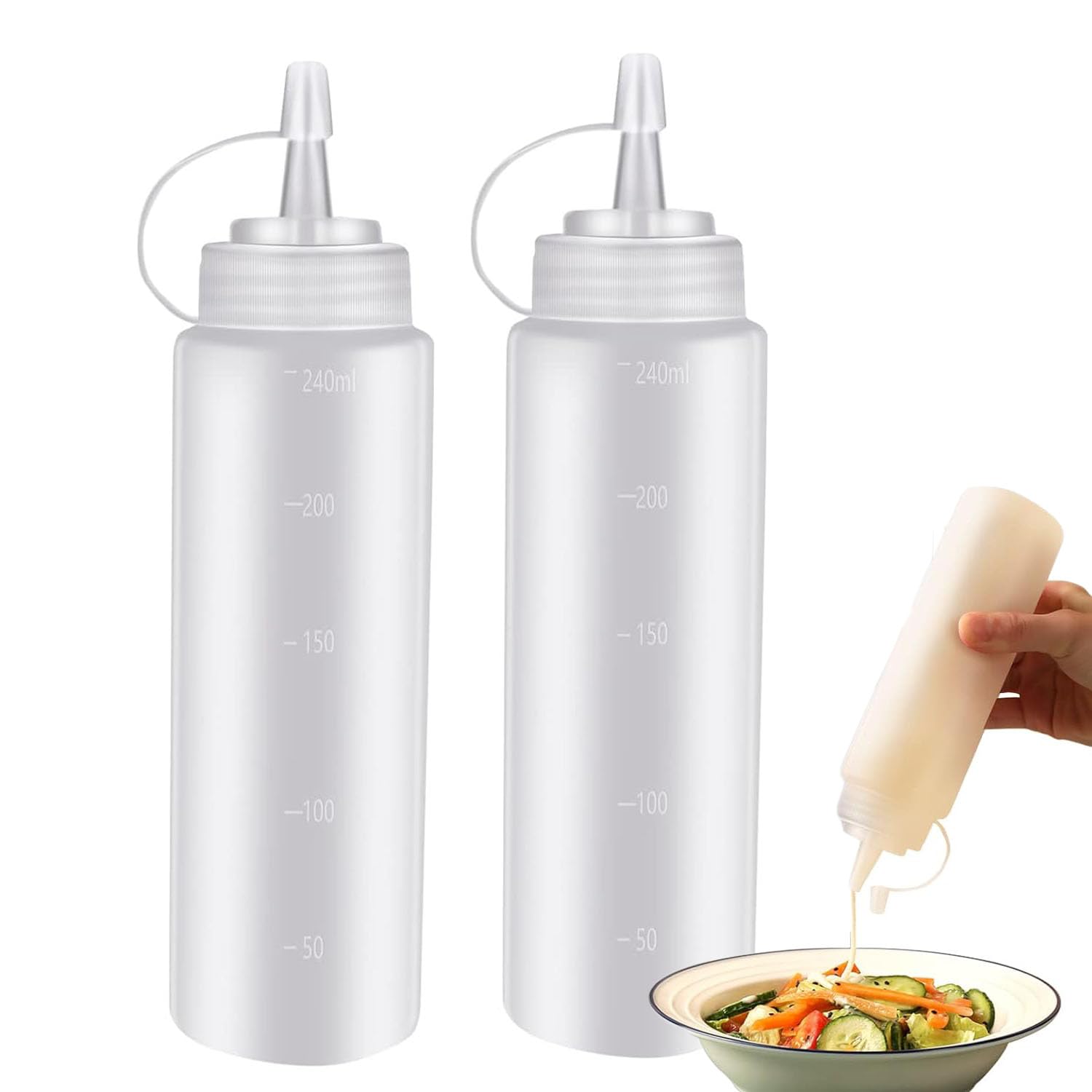 2 Pcs Squeeze Sauce Bottles 8oz Plastic Squeezy Bottle with Nozzles 250ML Reusable Condiment Bottles with Cap Dispensing for Oil, Cooking, Baking, BBQ, Chilli Sauce, Mayonnaise