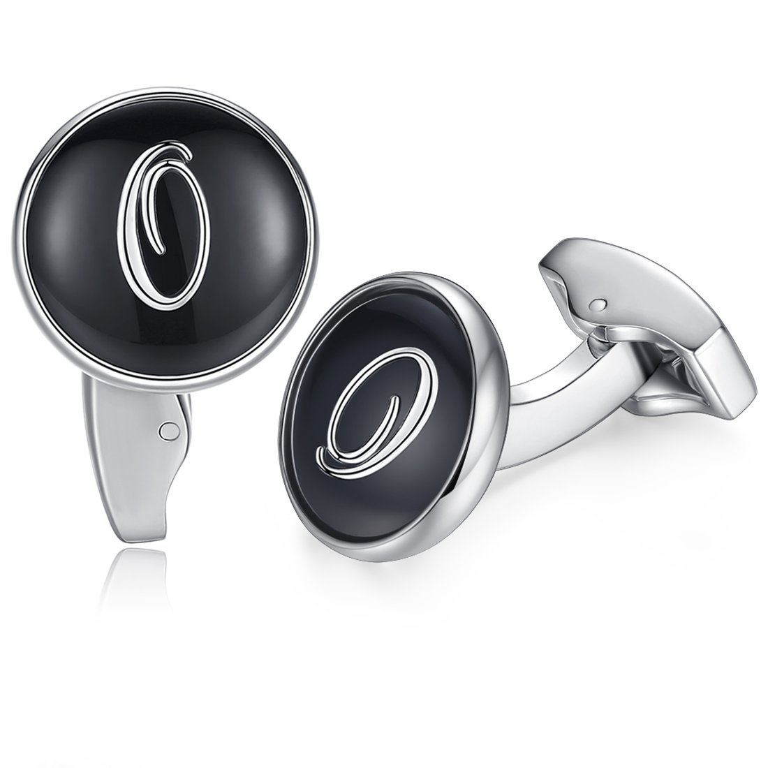 HONEY BEAR Initial Alphabet Letter Cufflinks for Men, Black Round Shape Wedding Business Gift A - Z (O)