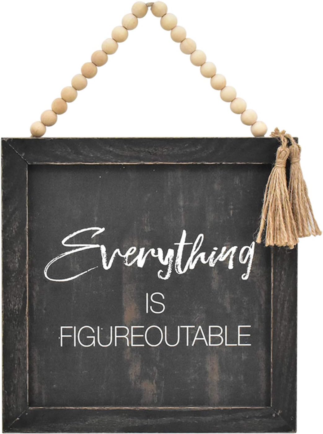Parisloft Everything is Figureoutable Wood Framed Wall Sign with Wood Bead String Hanger,Rustic Farmhouse Wood Wall Hanging Decor,Black