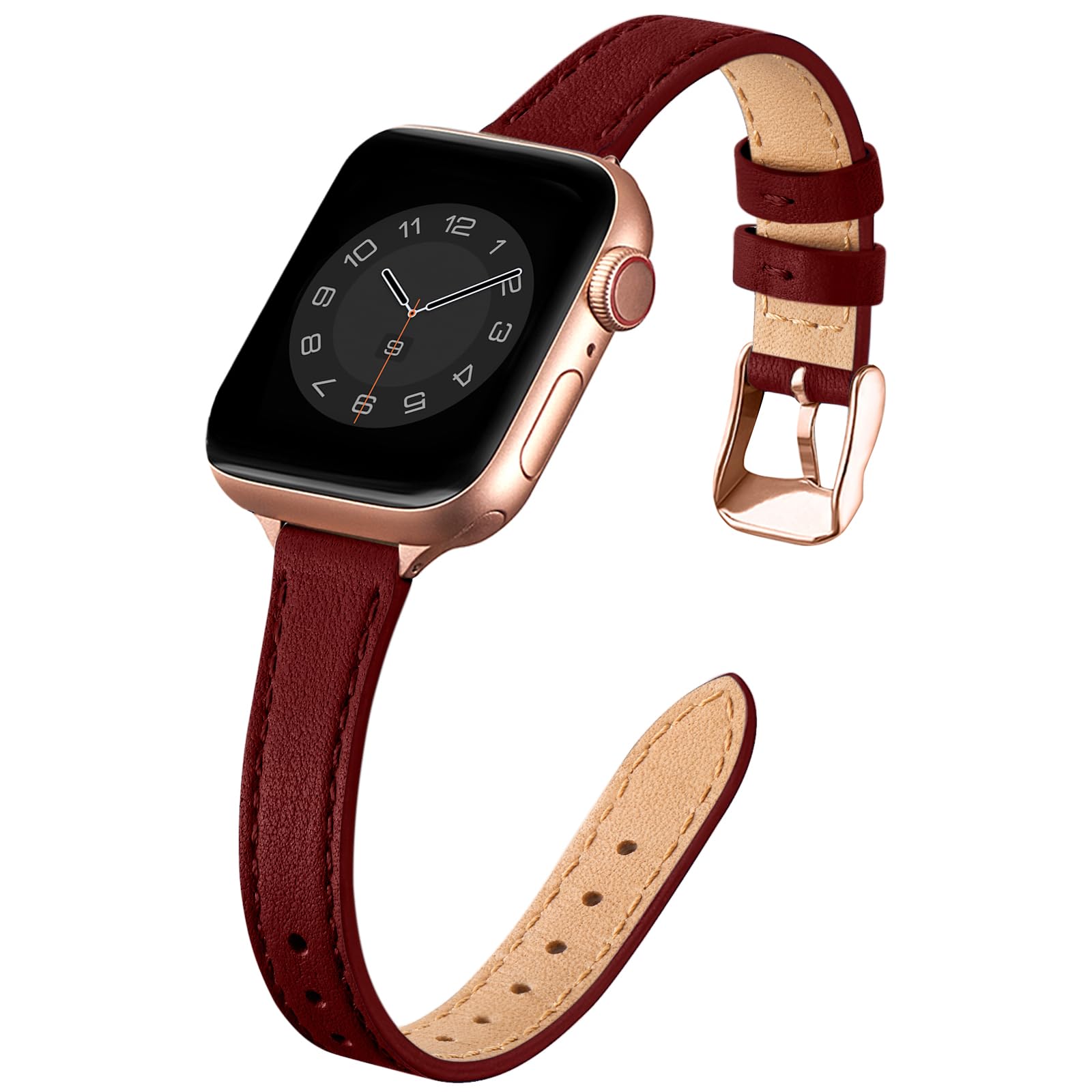 SUNFWR Compatible with Apple Watch Strap 38mm 40mm 41mm,Genuine Leather Strap Replacement,Slim&Thin Wristband for iwatch Series 7/6/5/4/3/2/1,SE(38mm 40mm 41mm,Wine red&Rosegold)