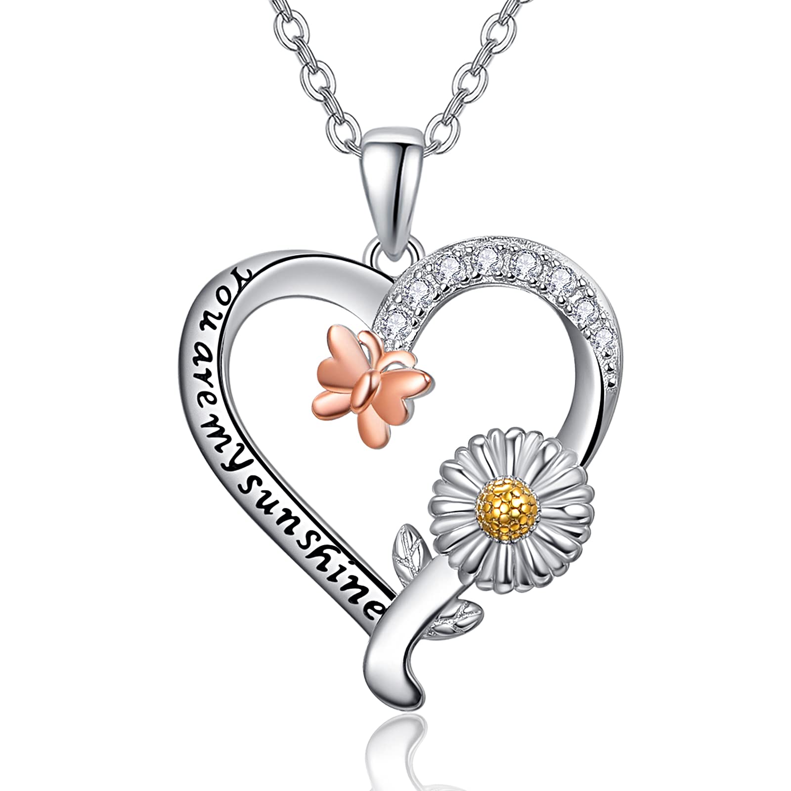 KINGWHYTE Heart Necklace Sterling Silver Butterfly Necklace for Women Flower Pendant You are My Sunshine Sunflower Birthday Gifts for Women Girls