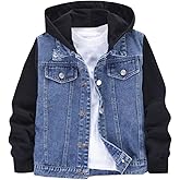 MakeMeChic Boy's Color Block Denim Jacket Hooded Long Sleeve Button Down Coat Outerwear