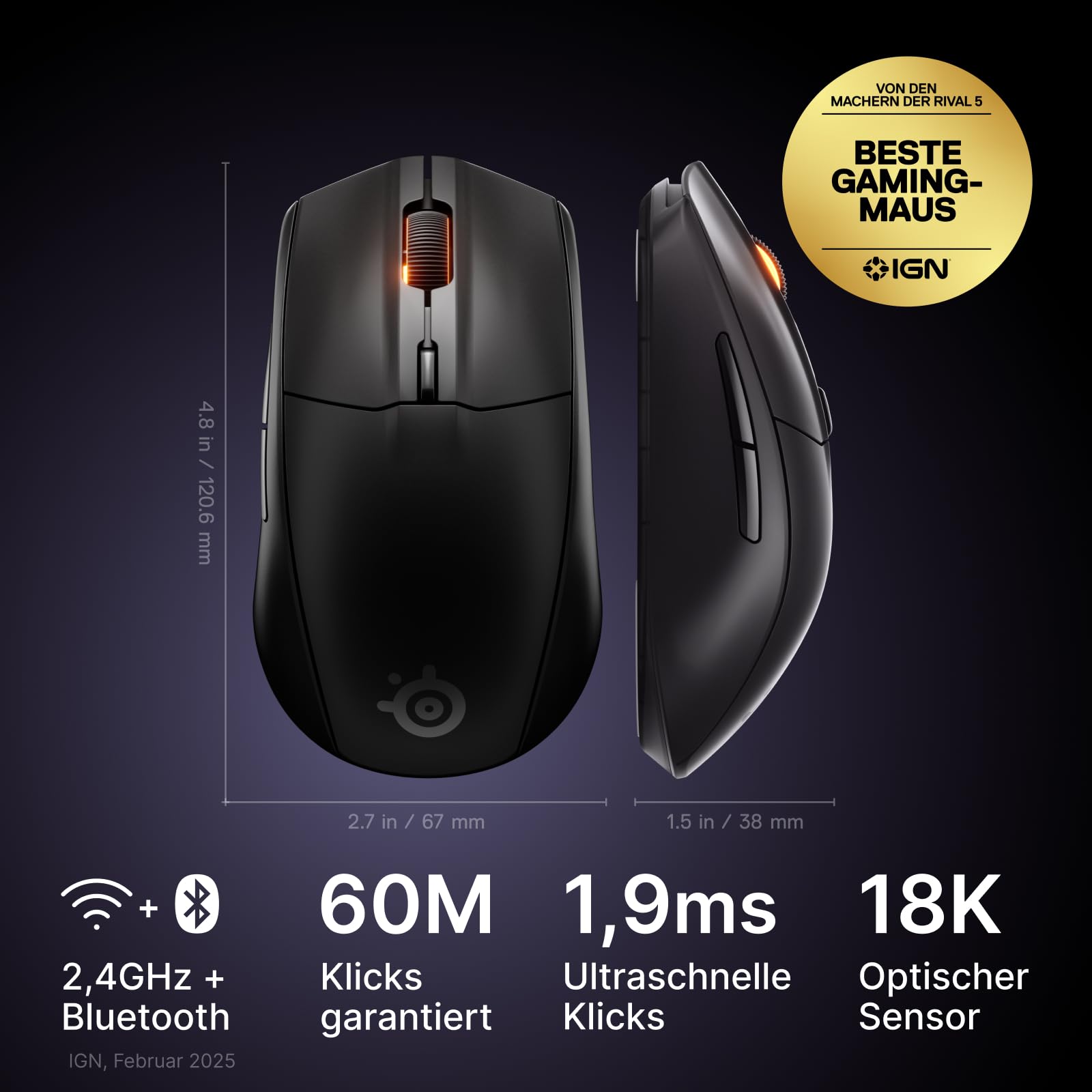 SteelSeries Rival 3 Wireless Gen 2 Gaming-Maus – 2,4 GHz und Bluetooth – 18.000 DPI TrueMove Air-Optiksensor – 60 Mio. Klicks garantiert – Ultraleicht – PTFE-Gleitfüße - Schwarz 2