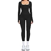 OLCHEE Womens Long Sleeve Workout Jumpsuit Square Neck Ribbed Seamless Yoga Romper Sexy Bodycon Tummy Control Unitard Onesie