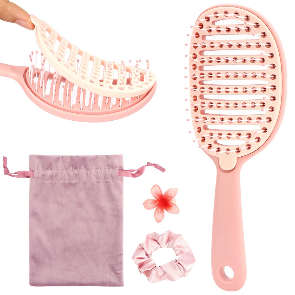 No-Tangle Hair Brush Set - Anti-Knot & Scalp Massage, Flower Clip, Silk Scrunchie, & Flannel Storage Bag (Pink)