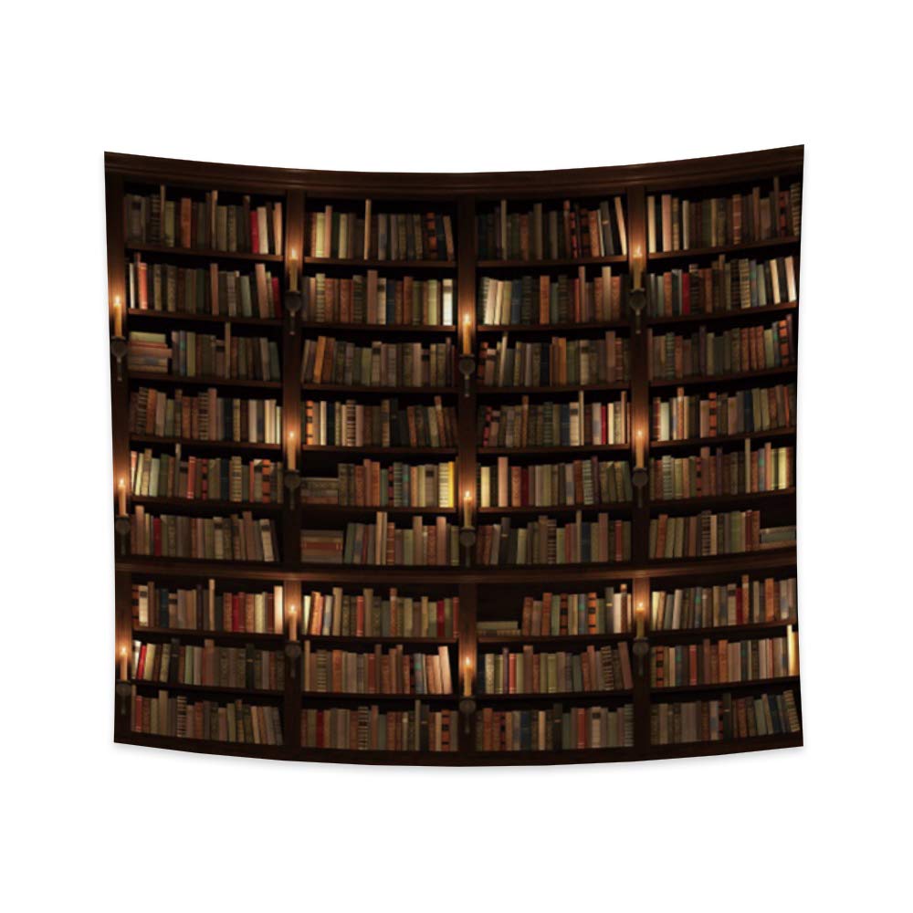 YONGFOTO 220x190cm Vintage Bookshelf Tapestry, Old Library Bookcase Tapestries Wooden Bookshelf Candlestick Candle Books Wall Hanging Tapestry for Living Room Dorm Decor Sofa Carpet Blanket