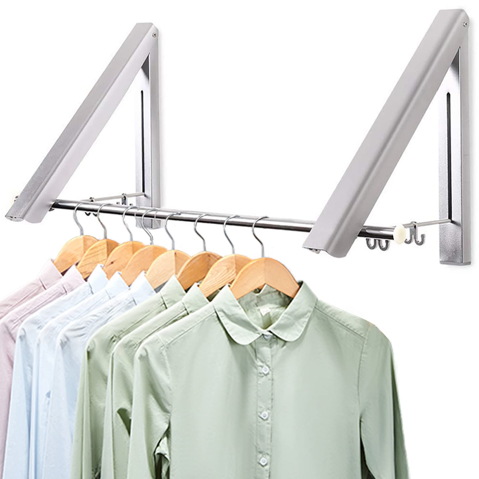 LIVEHITOP Foldable Wall Mounted Clothes Rail 2 Pieces, Coat Hanger Racks Dryer Aluminum Hanging Rod Wardrobe Hooks for Bedroom Bathroom Balcony Indoor Outdoor Silver