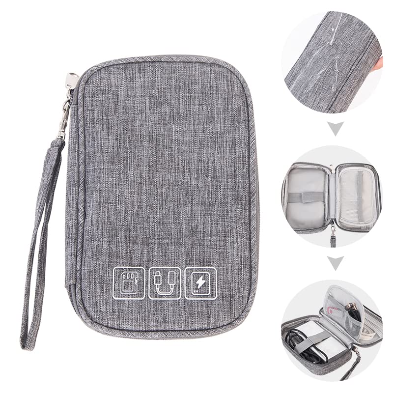Small Electronic Accessories Organizer, Handhled Acopton Universal Compact Travel Digital Accessories Storage Bag for Portable Charger, Cables, Earphone, Cord, SD Card, Phone (Gray)
