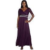 R&M Richards Women's Surplice Neck Pleated Chiffon Maxi Dress W/Draped Sleeves & Rhinestone Waistband -Formal Evening Gown
