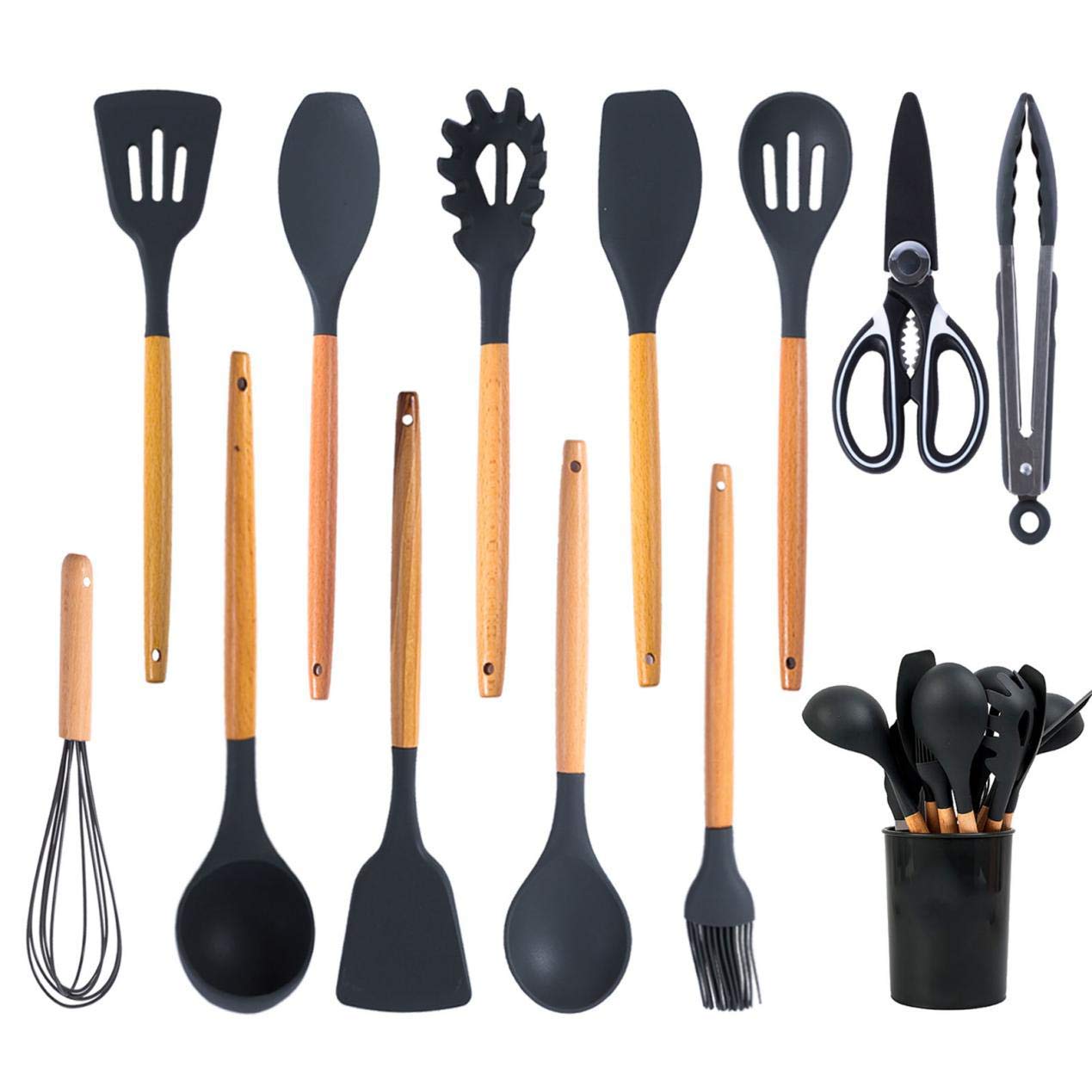 Kitchen Cooking Utensils Set 12 Pcs Kitchen Silicone Nonstick Utensils Set,Cook Utensil Set Heat-Resistant to 446℉ (230℃),Spatula with Wooden Handles Kitchen Tools Set for Cook