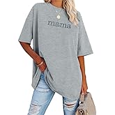 Mama Shirt Women Mama Embroidered Shirts Oversized T-Shirts Trendy Mom Short Sleeve Tee Tops