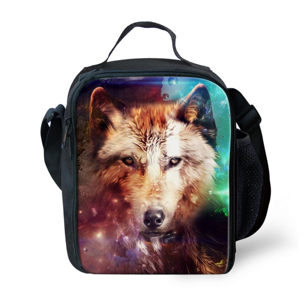 HUGSIDEA Personalized Insulated Lunch Bag for Kids Boys Colorful Wolf