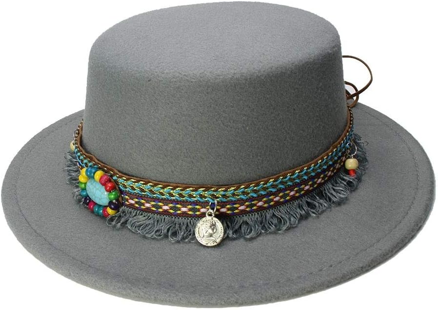 MUMUWU Kid Wool Wide Brim Cap Girl Fedora Pork Pie Porkpie Bowler Hat Tassel Turquoise Leather Band (54cm/Adjusted)