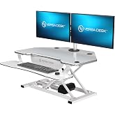 VERSADESK PowerPro 36 Inch Electric Corner Standing Desk Converter, Motorized Height Adjustable Sit-Stand Desk Riser, Dual Monitor &amp; Laptop Workstation with Keyboard Tray, White