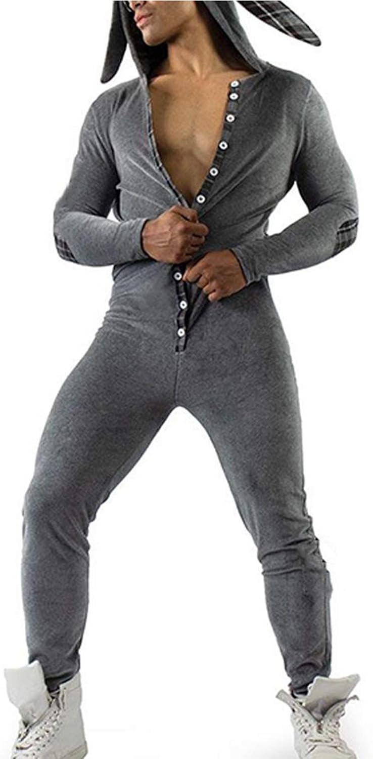 FeMereina Mens Onesie Hooded Jumpsuit Button Crotch One Piece Pajamas