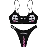 ZGMYC Women Funny Skull Letter Print Goth Bikini Set 2 Piece Neon Bandeau Swimsuit
