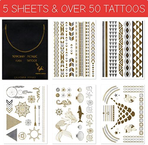 Metallic Gold Flash Temporary Tattoos - 5 SHEETS - Mermaid Edition - Gold and Silver Shiny Jewelry Tattoos