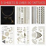 Metallic Gold Flash Temporary Tattoos - 5 SHEETS - Mermaid Edition - Gold and Silver Shiny Jewelry Tattoos