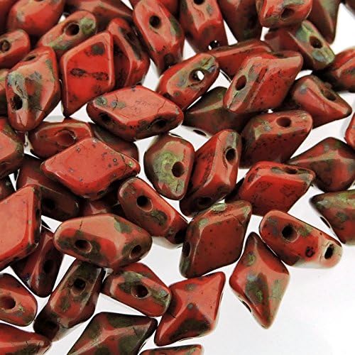 Czech Glass DiamonDuo, 2-Hole Diamond Shaped Beads 5x8mm, 10 Grams, Coral Red Picasso