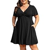Manllenshie Womens Plus Size Summer Dress Casual Short Sleeves Deep V Neck Twist Knot Front Flowy Dress with Pockets
