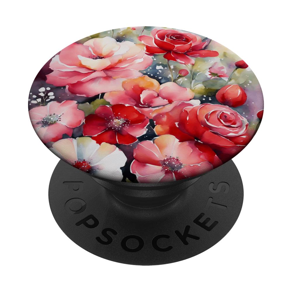 Watercolor Red Roses and Poppy Flowers PopSockets Swappable PopGrip