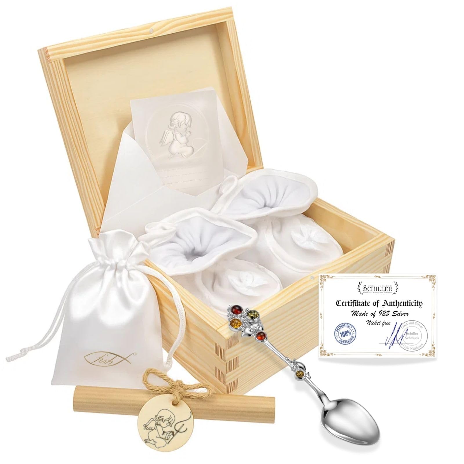 fish Baptism Gift Set With Silver Spoon With Amber And Baby Shoes In Wooden Box
