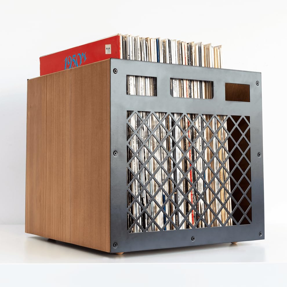 Keep Them Spinning - Walnut Wood & Carbon Steel Vinyl Record Storage - Holds 50 LPs - 30cm Shelf - Record Storage for Vinyl Albums - Stackable & Space-Saving - Dust Resistant