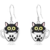 KiiKii Black Cat Earrings for Women 925 Sterling Silver Tea Cup Kitten/Dog/Axolotl/Panda/Sloth Dangle Earrings Animal Jewelry Gifts for Christmas Birthday