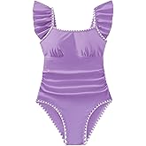 Sewetier Girls Swimsuit One Piece Color Contrast Trim Bathing Suit Ruched Tie-Back Padded Swimwear 7-16Y