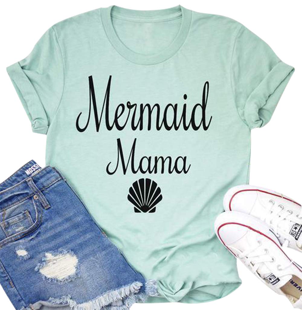 Mermaid Mama Shell Graphic Funny Letters Print Short Sleeve Loose Mom Gift Mommy Tops T Shirt
