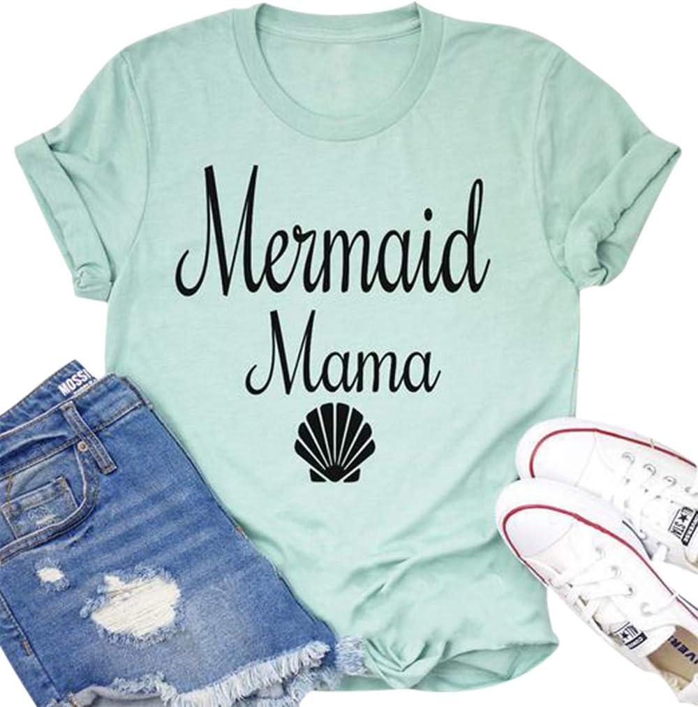 Women Mermaid Mama Shirt Mermaid Mom Birthday Tee Top Mama T-Shirt Gifts for Mom Casual Mermaid Mama Lover Clothes