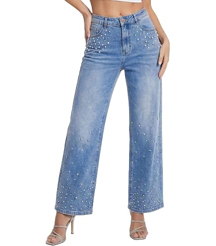 heipeiwa Women's Pearl Rhinestone Jeans Wide Leg Baggy Denim Pants