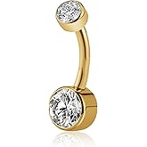 FINE4U ASTM F136 Solid Titanium Belly Button Ring 14G 8mm 10mm 12mm - Hypoallergenic Belly Piercing Jewelry with Cubic Zirconia, Short Bar Navel Piercings Gift for Women