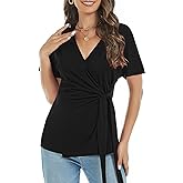 LEIYEE Womens Summer V Neck Short Sleeve Wrap Tops Casual Cute Front Twist Tie Knot Shirts Blouse