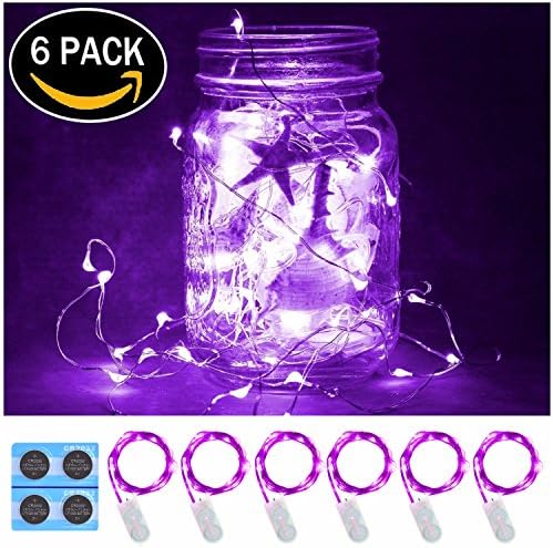 6 Pack,7Feet 20 LED Starry String Lights, Silver Wire,2pcs CR2032 Batteries Included, Firefly Fairy String Lights LED Moon Lights for DIY Dinner Party,Table Decoration,Wedding Centerpiece(Purple)