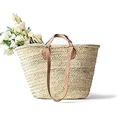 French Market Basket with Double Flat Leather Handle, Handmade Straw Tote for Shopping, Beach, and Everyday Use