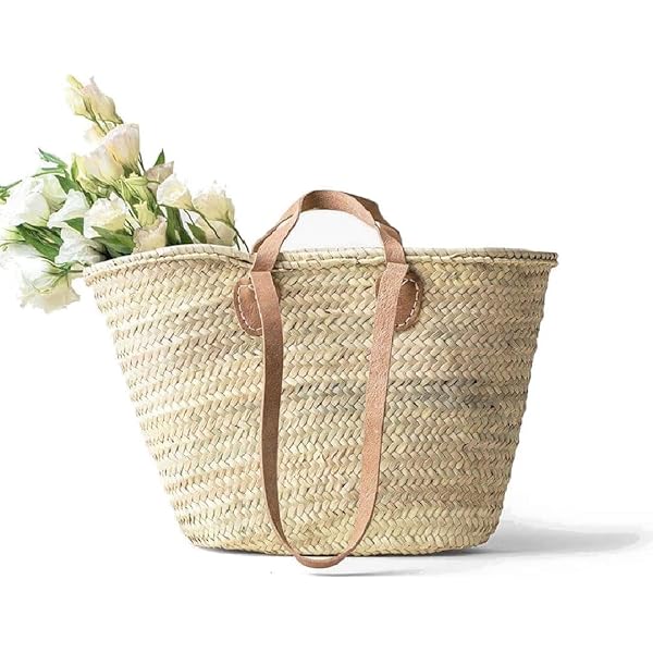 バッグ French Baskets French Basket, straw bag with leather handles, beach bag