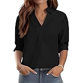 LOMON 3/4 Length Sleeve Womens Tops Dressy V Neck Collared Shirts Trendy Business Casual Work Blouses Vacation Outfits 2026