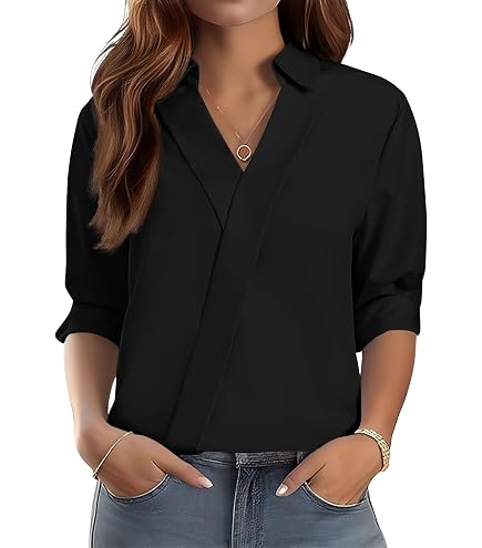 Black Blouses for Women Dressy Elegant Work Tops Business Casual Outfits Western 3/4 Sleeve T Shirts Summer Clothes 2026 Lace Tops Embroidered S at Amazon Women's Clothing store