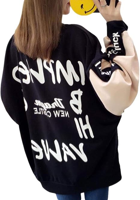 Amazon Zhongjue ジュージェン カットソー レディース ゆったり 韓国 パーカー 英字 切り替え ファッション プルオーバー 薄手 カジュアル 個性 トップス パフスリーブ おしゃれ ストリート系 黄色 春 トレーナー パーカー 通販