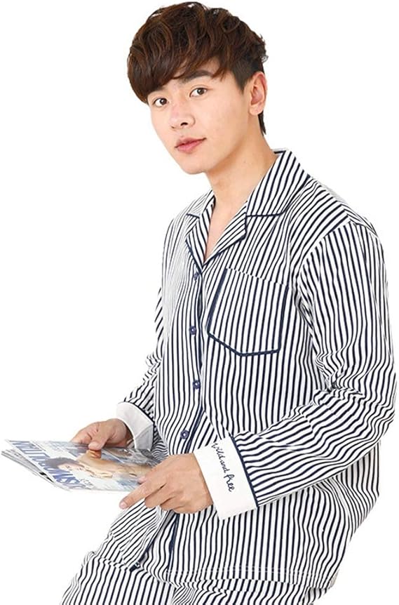 Amazon 寝巻き ルームウエア メンズ 前開き 長袖 ストライプ ナイトウェア シンプル セットアップ くつろぎ カップル 普段着 可愛い Vネック 光沢 高級感 エレガント 吸湿性 通気性 春夏 カラー１ オシャレ L パジャマ 寝巻き パジャマ 通販