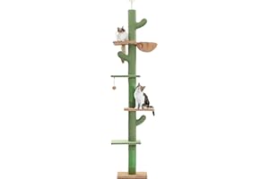 PAWZ Road Cat Tree, Cactus Floor to Ceiling Cat Tower with Adjustable Height(95-108 Inches), 5 Level Cat Climbing Tower with Cozy Hammock, Platforms and Dangling Balls for Indoor Cats