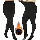 WiliW 2 Pairs Women's Plus Size Fleece Lined Tights Black Opaque Thermal Tights 200D Winter Warm Thick Stockings